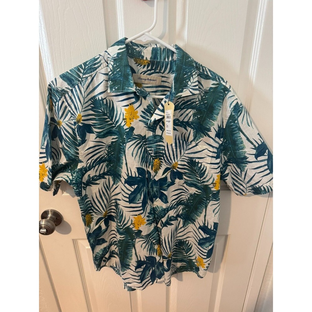 Tommy Bahama Shirt Mens Small  Floral Green Marble Cream Short Sleeve Cotton NWT